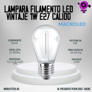 Lampara Filamento Led Vintage 1w E27 Calida Macroled