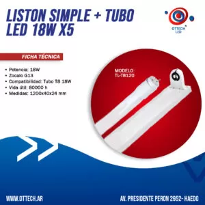 COMBO LISTON SIMPLE + TUBOS LED 18W X5