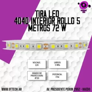 Tira Led 4040 Interior Rollo 5 Metros 72 W