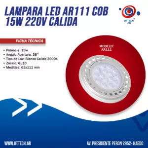 Lampara Led Ar111 Cob 15w Calida Gu10 220v Dimerizable 38º